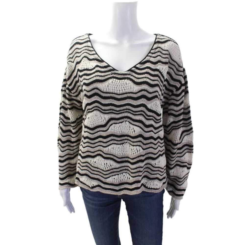 Aldo Martins Women Beige Striped V-Neck Pullover Sweater Long Sleeve Size S